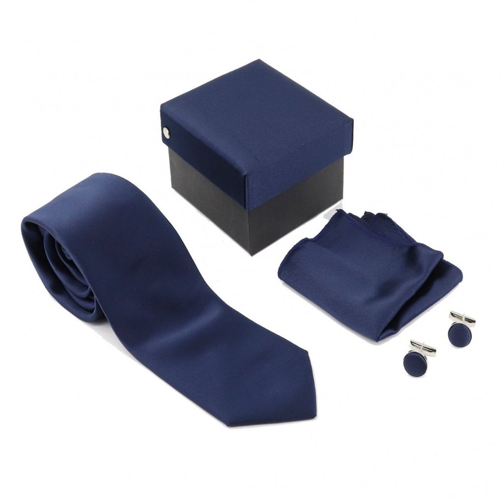 3-Piece Boxed Gift Tie Set Coordinated Solid Cuff Links Hankerchief Hand Sewn